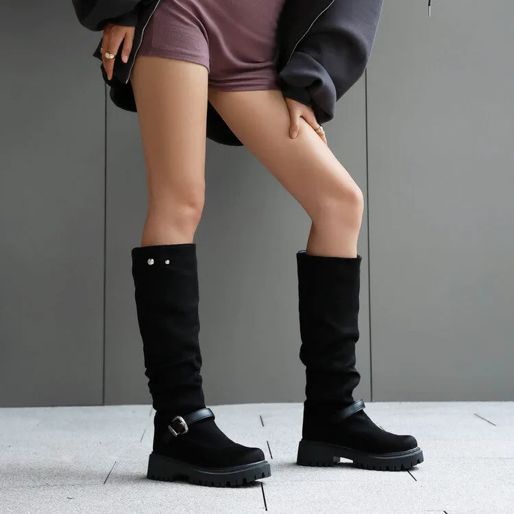 Women's Pleated Buckle Strap Round Toe Flat Platform Knee High Boots