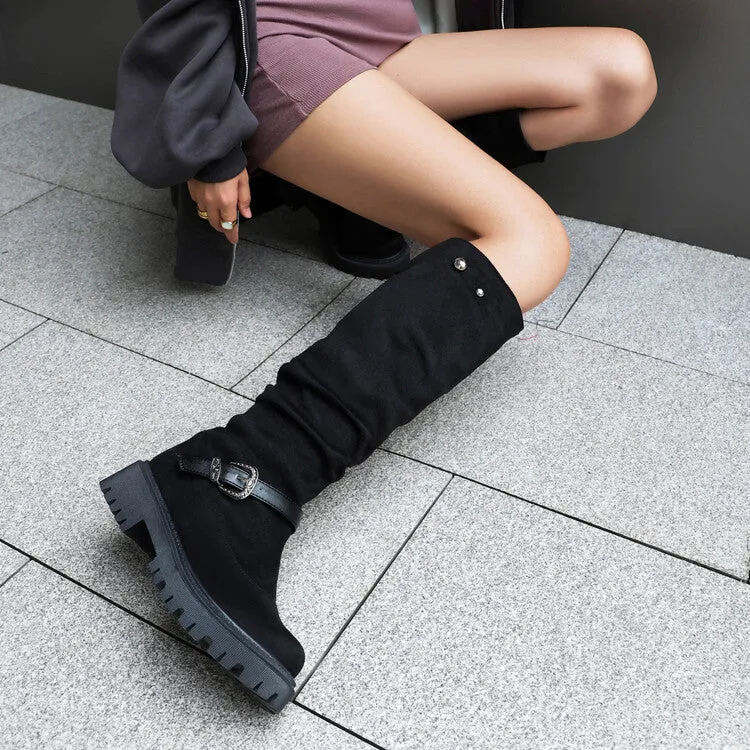 Women's Pleated Buckle Strap Round Toe Flat Platform Knee High Boots