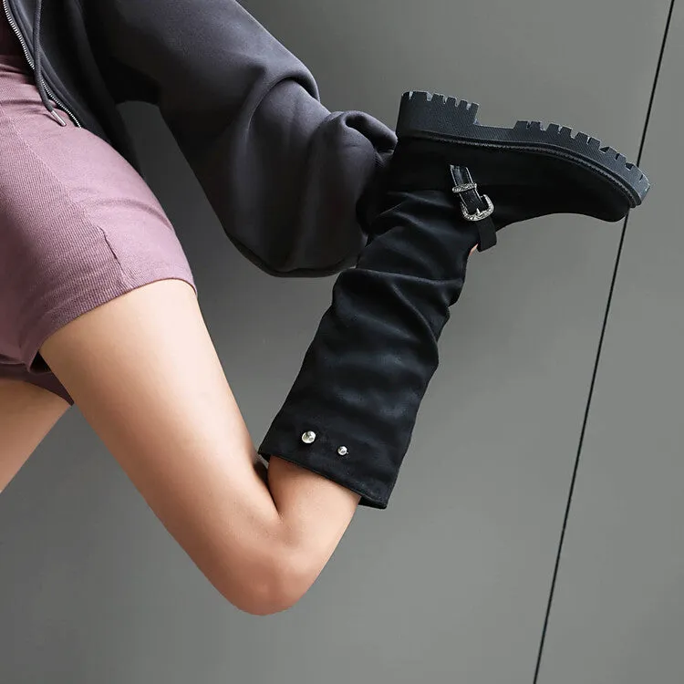 Women's Pleated Buckle Strap Round Toe Flat Platform Knee High Boots
