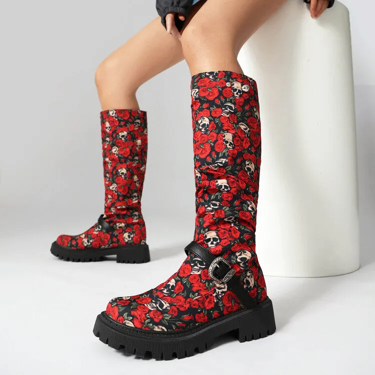 Women's Pleated Buckle Strap Round Toe Flat Platform Knee High Boots