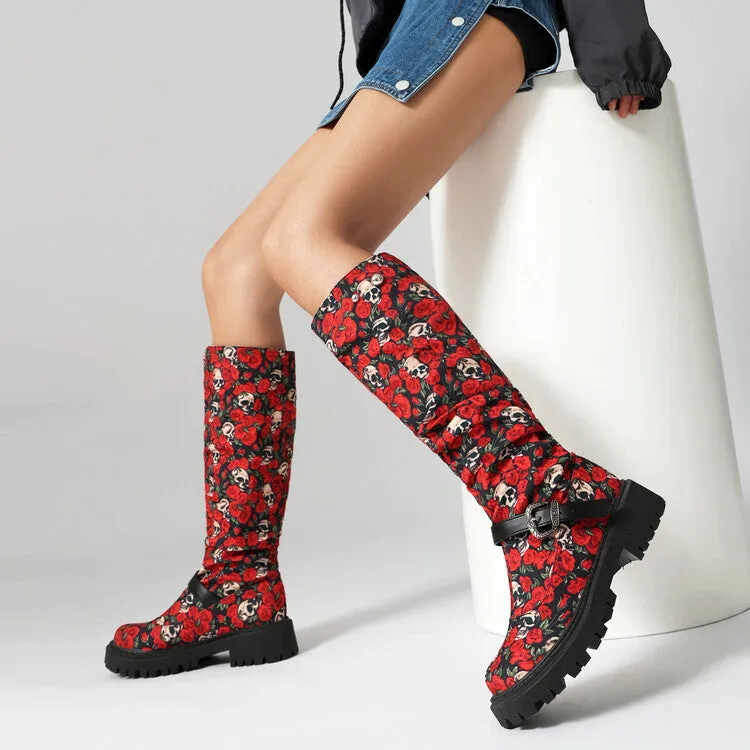 Women's Pleated Buckle Strap Round Toe Flat Platform Knee High Boots