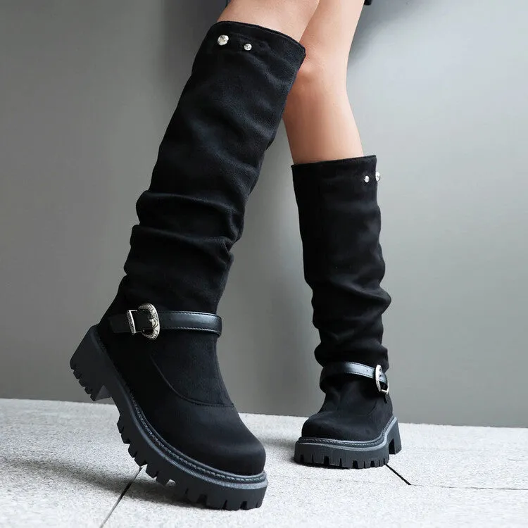 Women's Pleated Buckle Strap Round Toe Flat Platform Knee High Boots