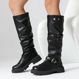 Women's Pleated Buckle Strap Round Toe Flat Platform Knee High Boots