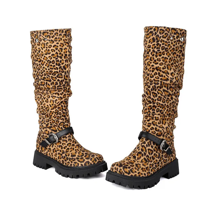 Women's Pleated Buckle Strap Round Toe Flat Platform Knee High Boots
