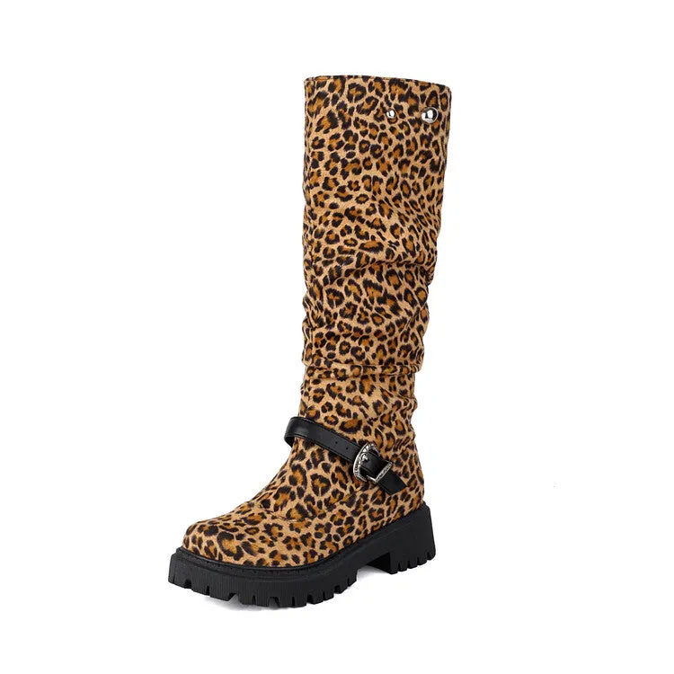 Women's Pleated Buckle Strap Round Toe Flat Platform Knee High Boots