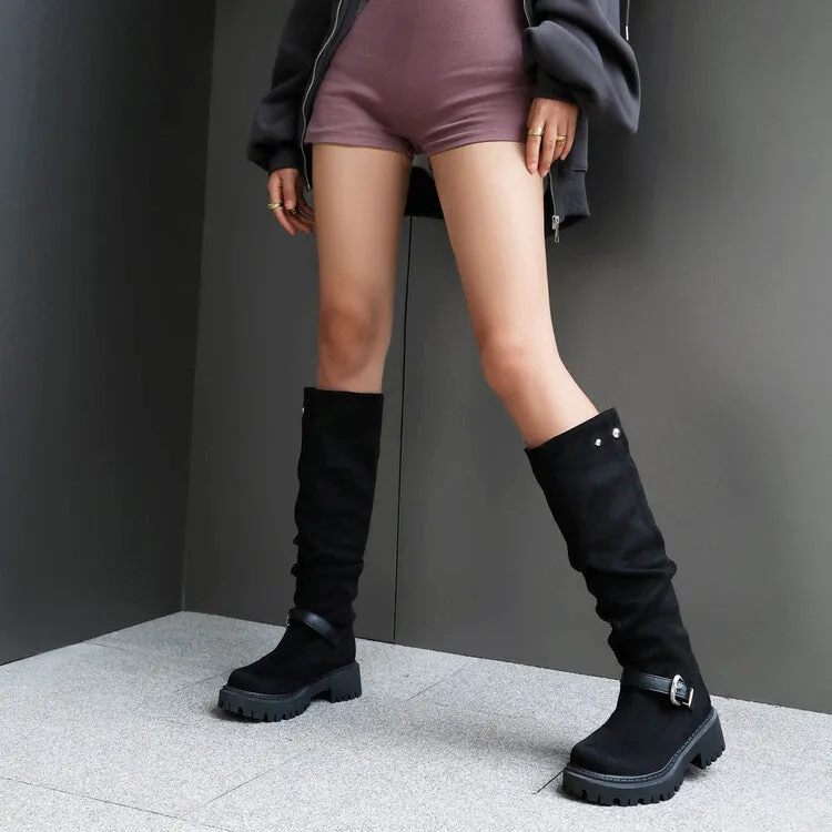 Women's Pleated Buckle Strap Round Toe Flat Platform Knee High Boots