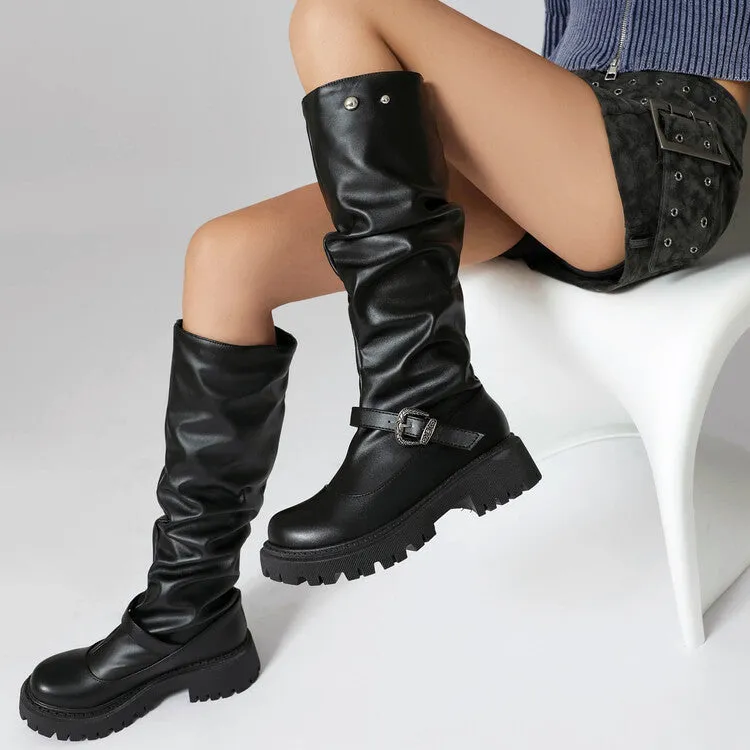 Women's Pleated Buckle Strap Round Toe Flat Platform Knee High Boots