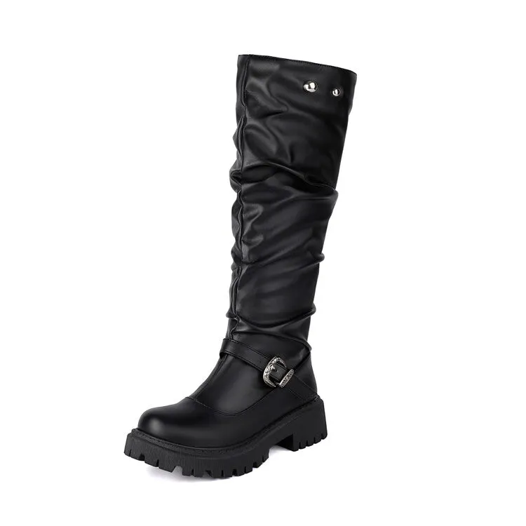 Women's Pleated Buckle Strap Round Toe Flat Platform Knee High Boots