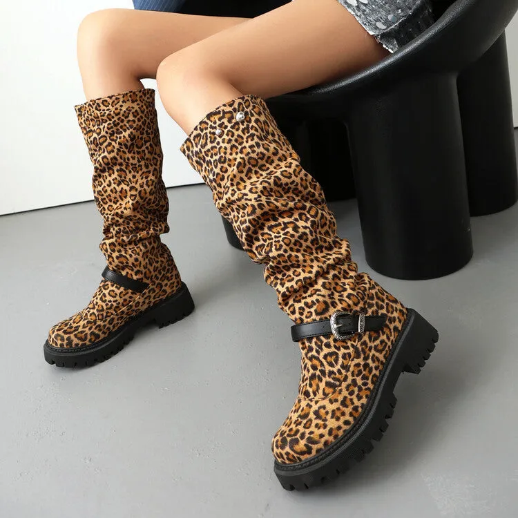 Women's Pleated Buckle Strap Round Toe Flat Platform Knee High Boots