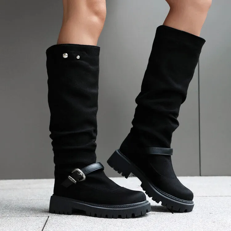 Women's Pleated Buckle Strap Round Toe Flat Platform Knee High Boots