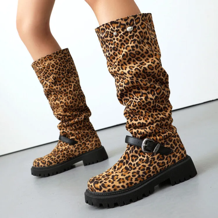 Women's Pleated Buckle Strap Round Toe Flat Platform Knee High Boots