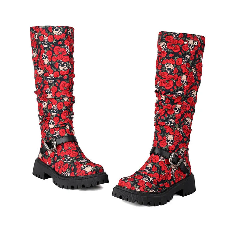 Women's Pleated Buckle Strap Round Toe Flat Platform Knee High Boots