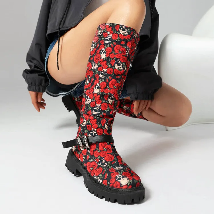 Women's Pleated Buckle Strap Round Toe Flat Platform Knee High Boots