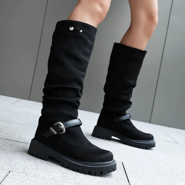 Women's Pleated Buckle Strap Round Toe Flat Platform Knee High Boots