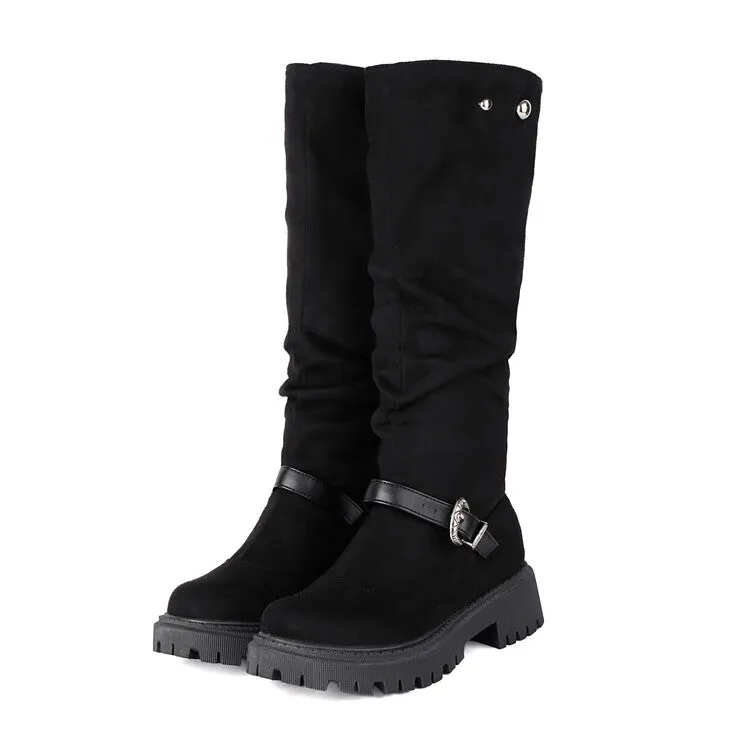 Women's Pleated Buckle Strap Round Toe Flat Platform Knee High Boots
