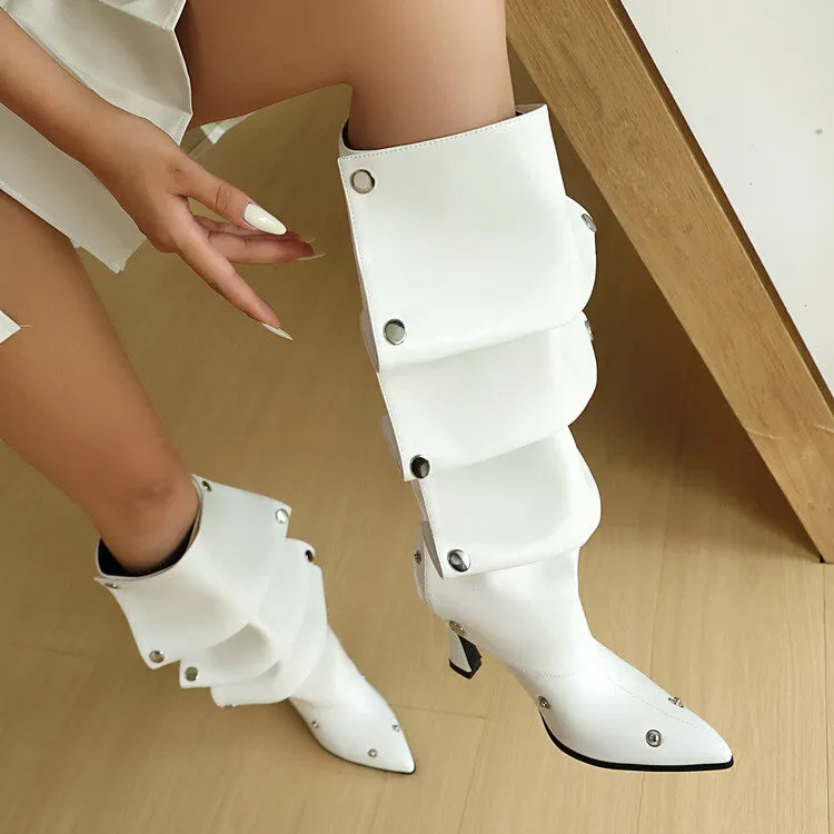 Women's Pleated Rivets High Heels Knee High Boots