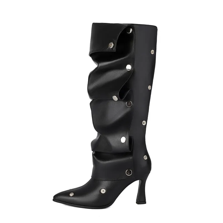Women's Pleated Rivets High Heels Knee High Boots
