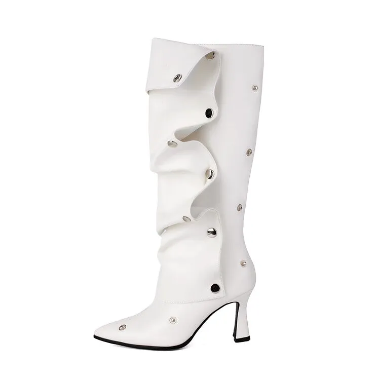Women's Pleated Rivets High Heels Knee High Boots