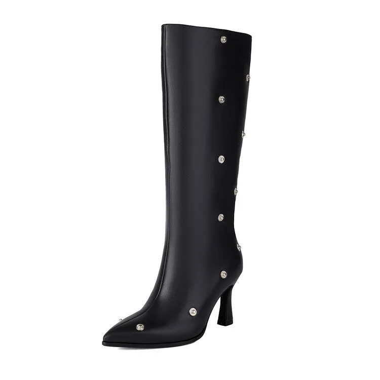 Women's Pleated Rivets High Heels Knee High Boots