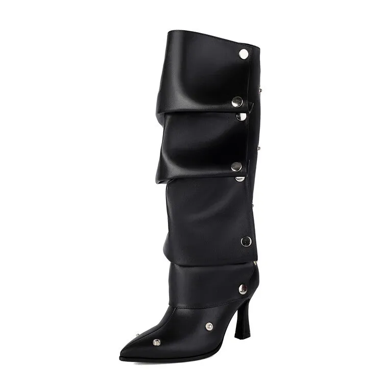 Women's Pleated Rivets High Heels Knee High Boots