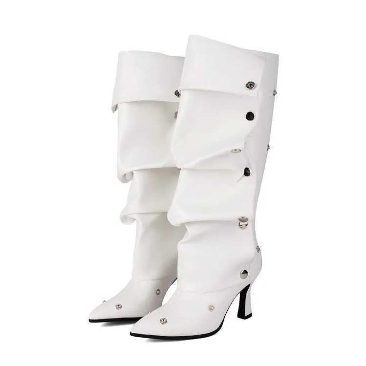 Women's Pleated Rivets High Heels Knee High Boots