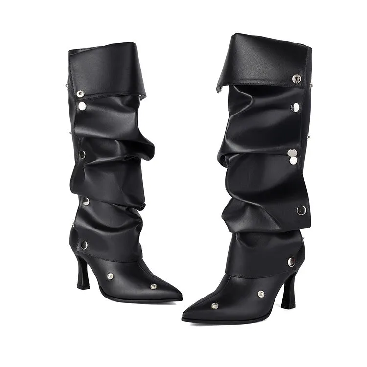 Women's Pleated Rivets High Heels Knee High Boots