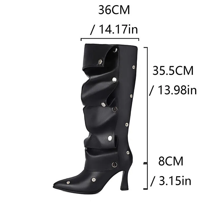 Women's Pleated Rivets High Heels Knee High Boots