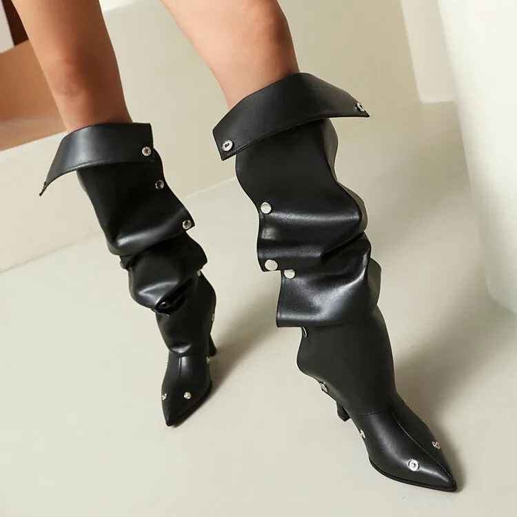 Women's Pleated Rivets High Heels Knee High Boots