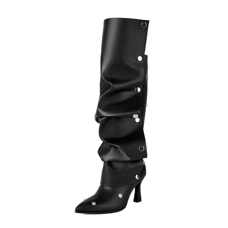 Women's Pleated Rivets High Heels Knee High Boots