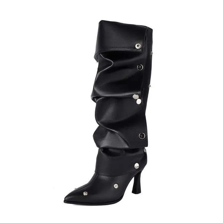 Women's Pleated Rivets High Heels Knee High Boots