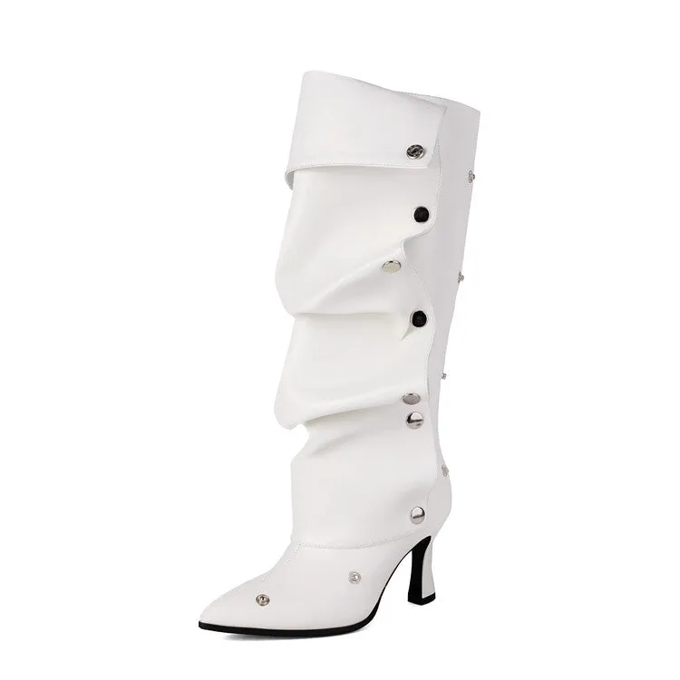 Women's Pleated Rivets High Heels Knee High Boots