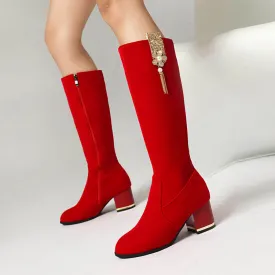 Women's Sequin Rhinestone Pearl Block Heel Knee High Boots