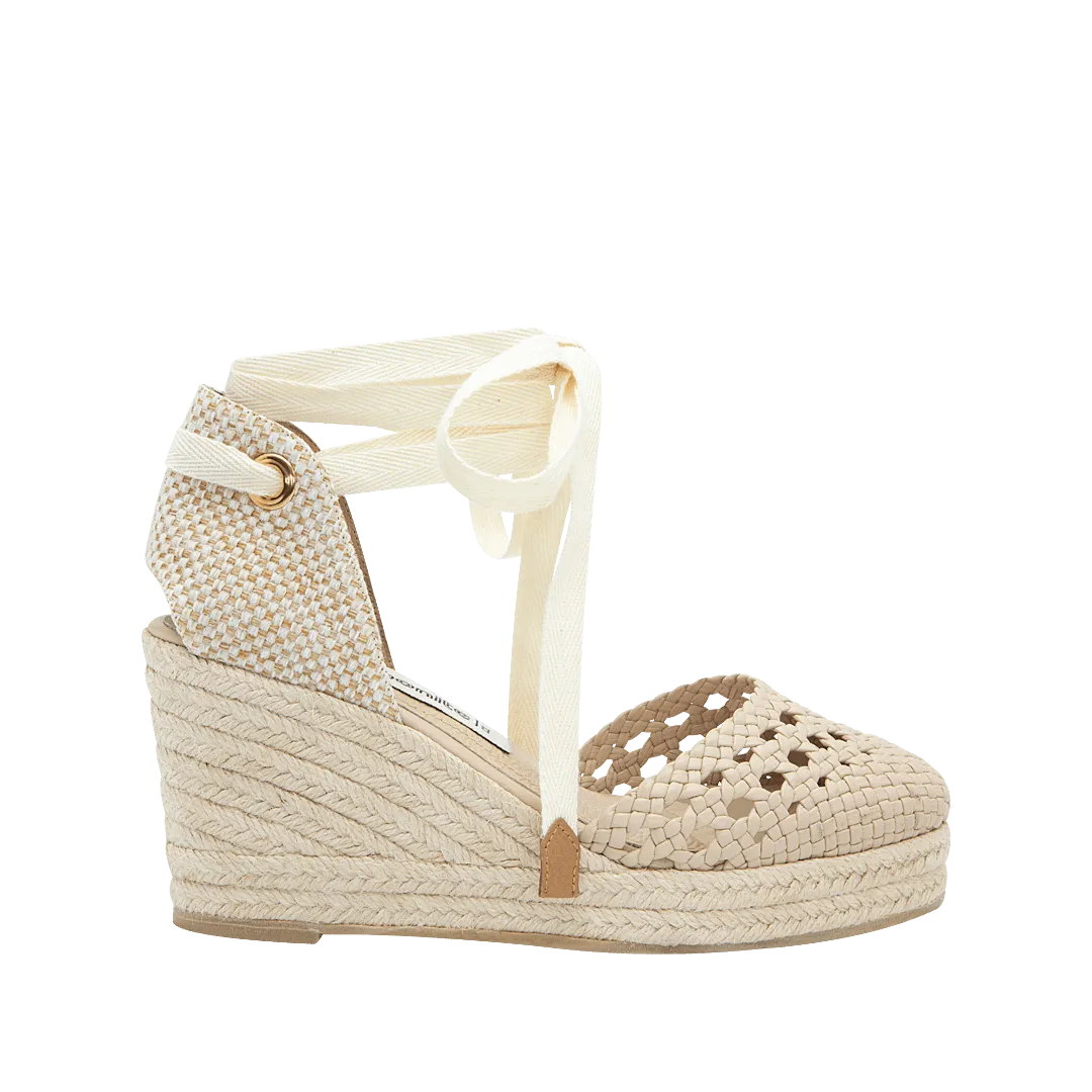 Woven leather platform espadrille in macaroon color