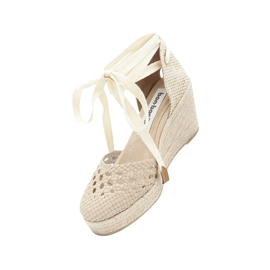 Woven leather platform espadrille in macaroon color
