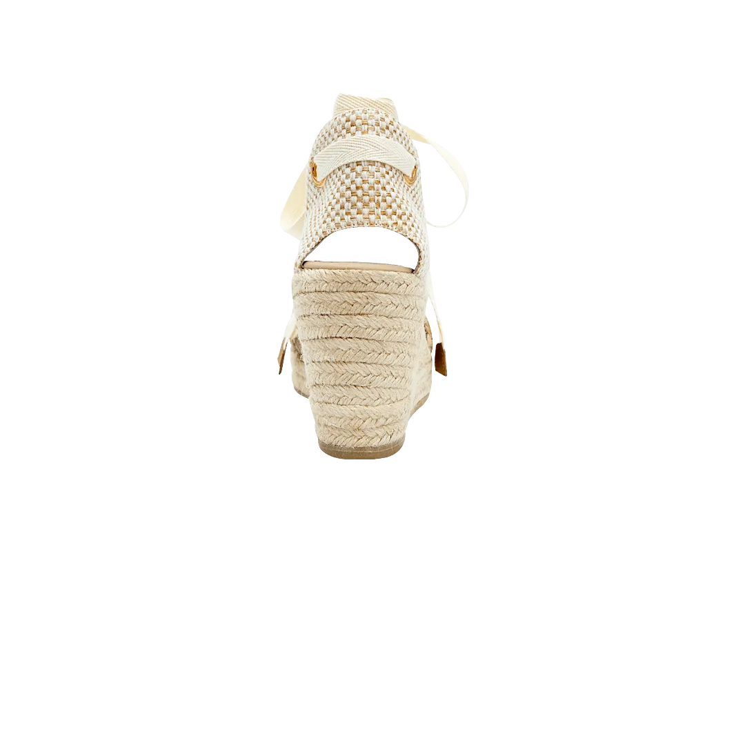 Woven leather platform espadrille in macaroon color